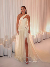 A-line Ivory One Shoulder Long Prom Dress Evening Dress With Hight Split TKL612|Selinadress