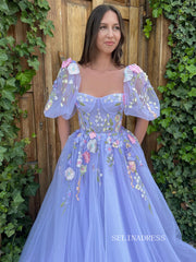 A-line Lavender Floral Long Prom Dresses Charming Evening Gowns SEW0851|Selinadress