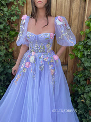 A-line Lavender Floral Long Prom Dresses Charming Evening Gowns SEW0851|Selinadress