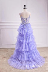 A-line Layers Lace-Up Appliques Lavender Long Prom Dress lps027|Selinadress