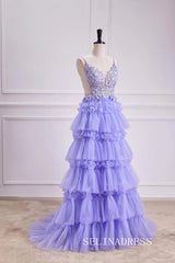 A-line Layers Lace-Up Appliques Lavender Long Prom Dress lps027|Selinadress