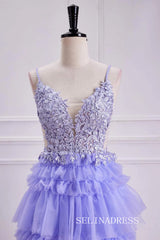 A-line Layers Lace-Up Appliques Lavender Long Prom Dress lps027|Selinadress