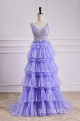 A-line Layers Lace-Up Appliques Lavender Long Prom Dress lps027|Selinadress