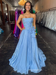 A-line Light Sky Blue Strapless Long Prom Dress Evening Dress With Beading TKL621|Selinadress