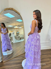 A-line Lilac Layered Lace Long Prom Dress With Slit lpk930|Selinadress