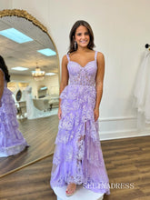 A-line Lilac Layered Lace Long Prom Dress With Slit lpk930|Selinadress