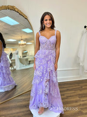 A-line Lilac Layered Lace Long Prom Dress With Slit lpk930|Selinadress