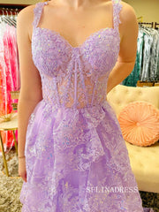 A-line Lilac Layered Lace Long Prom Dress With Slit lpk930|Selinadress