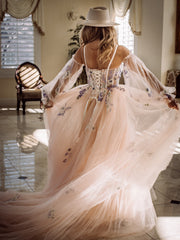 A-line Long Puff Sleeve Wedding Dress Embroidery Appliques Tulle Wedding Gown Bridal Dress KTS004|Selinadress