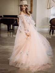 A-line Long Puff Sleeve Wedding Dress Embroidery Appliques Tulle Wedding Gown Bridal Dress KTS004|Selinadress