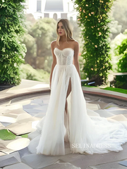 A-line Long Sleeve Beach Wedding Dresses Romantic Tulle Bridal Gown SEW0960|Selinadress