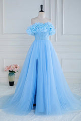 A-line Off-Shoulder Light Blue Flowers Long Prom Dress with Slit lps029|Selinadress
