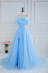 A-line Off-Shoulder Light Blue Flowers Long Prom Dress with Slit lps029|Selinadress