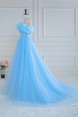 A-line Off-Shoulder Light Blue Flowers Long Prom Dress with Slit lps029|Selinadress