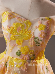 A-Line Off Shoulder Tulle Yellow Short Prom Dress Lace Homecoming Dress #TKL2113|Selinadress