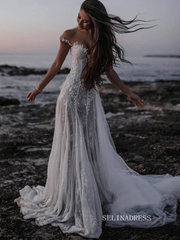 A-line Off-the-shoulder Beach Lace Wedding Dress Tulle Lace Long Bridal Dresses Crystal Wedding Dress ASK008|Selinadress