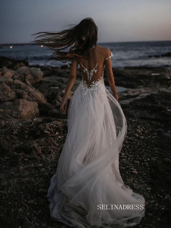 A-line Beach Lace Vintage Off-the-Shoulder Wedding Dresses, Bridal Gowns  WD109