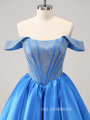 A-line Off-the-shoulder Blue Homecoming Dresses Beaded Hoco Dress Cocktail Dress #TKL2354|Selinadress