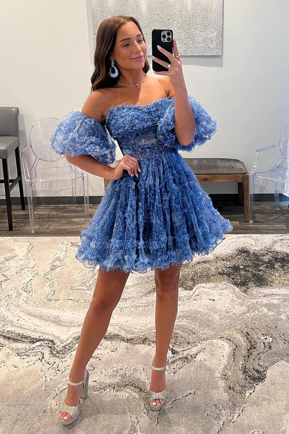 A-line Off-the-shoulder Cheap Short Prom Dress Blue Homecoming Dress kts102|Selinadress