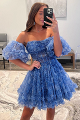 A-line Off-the-shoulder Cheap Short Prom Dress Blue Homecoming Dress kts102|Selinadress