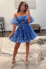 A-line Off-the-shoulder Cheap Short Prom Dress Blue Homecoming Dress kts102|Selinadress