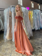 A-line Off-the-shoulder Feather Long Prom Dress With Slit sew1046|Selinadress
