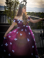 A-line Off-the-shoulder Grape Wedding Dress Butterfly Tulle Wedding Gown Bridal Dress KTS005|Selindress