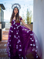 A-line Off-the-shoulder Grape Wedding Dress Butterfly Tulle Wedding Gown Bridal Dress KTS005|Selindress