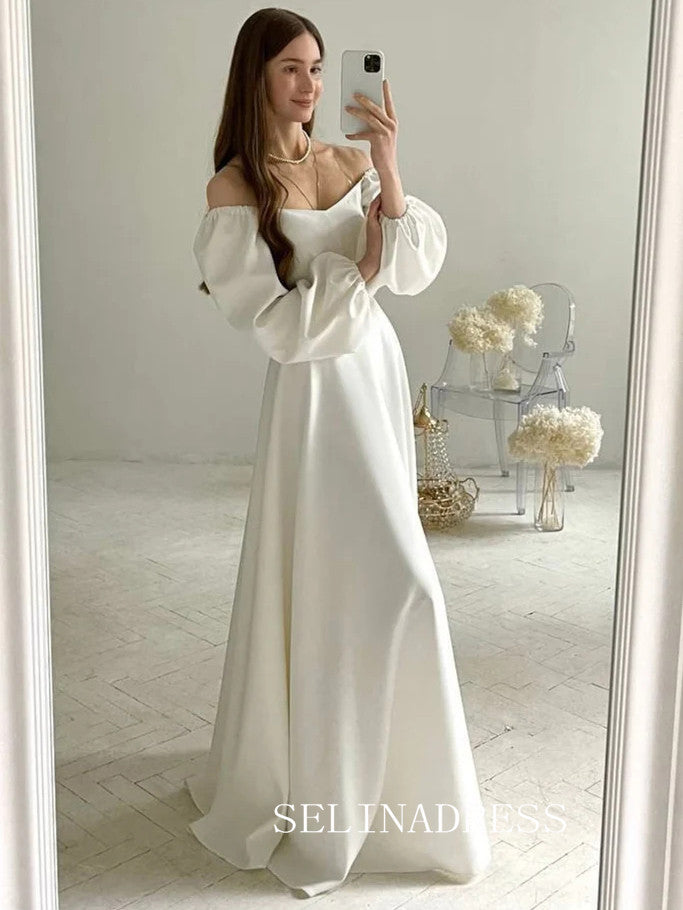 A-line Off-the-shoulder Long Sleeve Wedding Dresses Rustic Satin Bridal Gowns CBA033|Selinadress