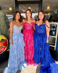 A-line Off-the-shoulder Muti Layered Long Prom Dress Lace Evening Dress ABB038|Selinadress