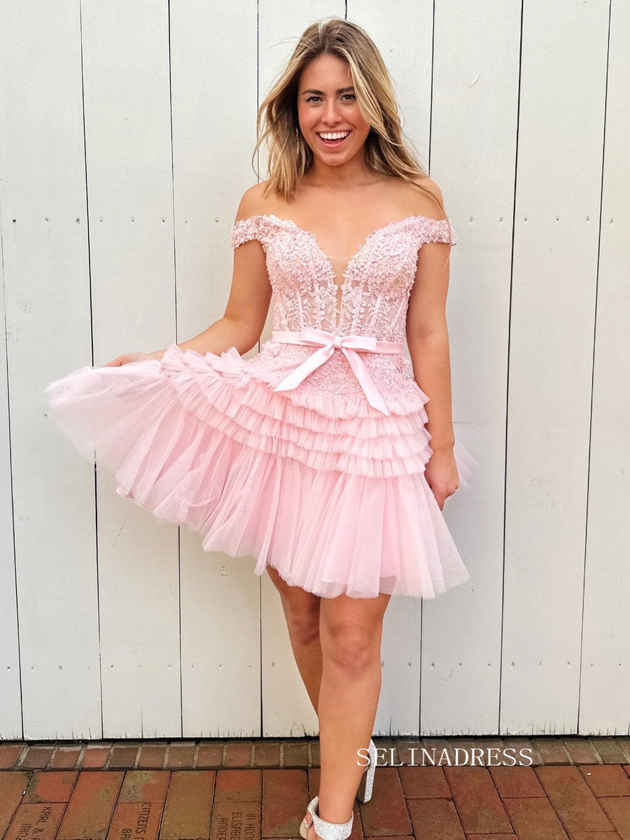Cute Pink Off Shoulder Lace Short Homecoming Dresses PH394 | Promnova US2 / As Picture