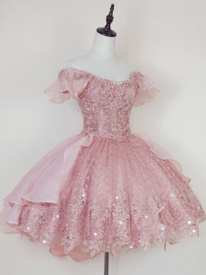A-line Off-the-shoulder Pink Short Prom Dress Beaded Princess Dress Homecoming Dress kts084|Selinadress