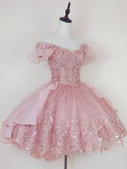 A-line Off-the-shoulder Pink Short Prom Dress Beaded Princess Dress Homecoming Dress kts084|Selinadress