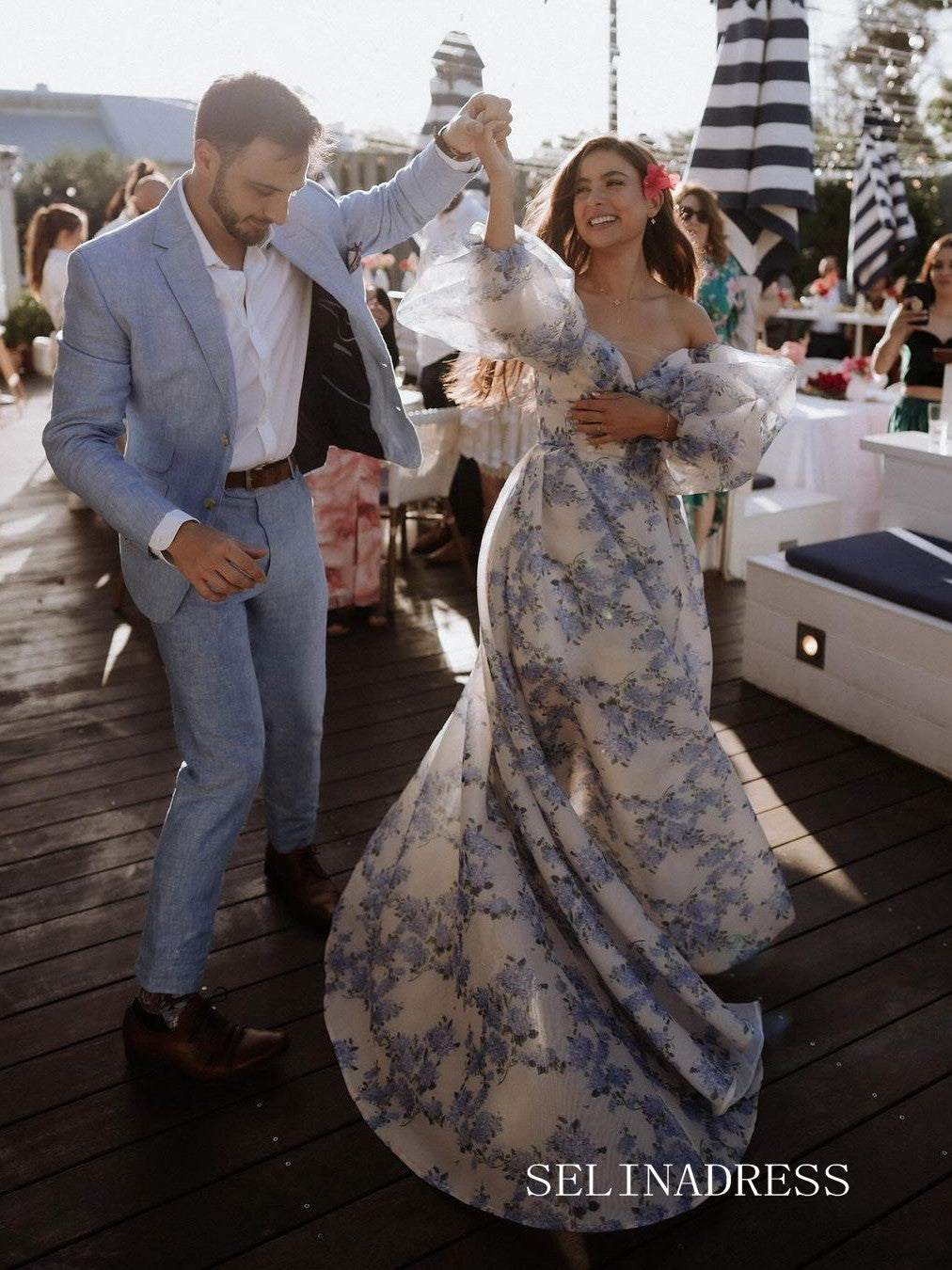 A-line Off-the-shoulder Puff Sleeve Floral Long Prom Dress lpk926|Selinadress