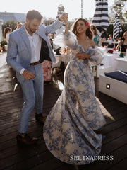 A-line Off-the-shoulder Puff Sleeve Floral Long Prom Dress lpk926|Selinadress