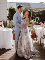 A-line Off-the-shoulder Puff Sleeve Floral Long Prom Dress lpk926|Selinadress