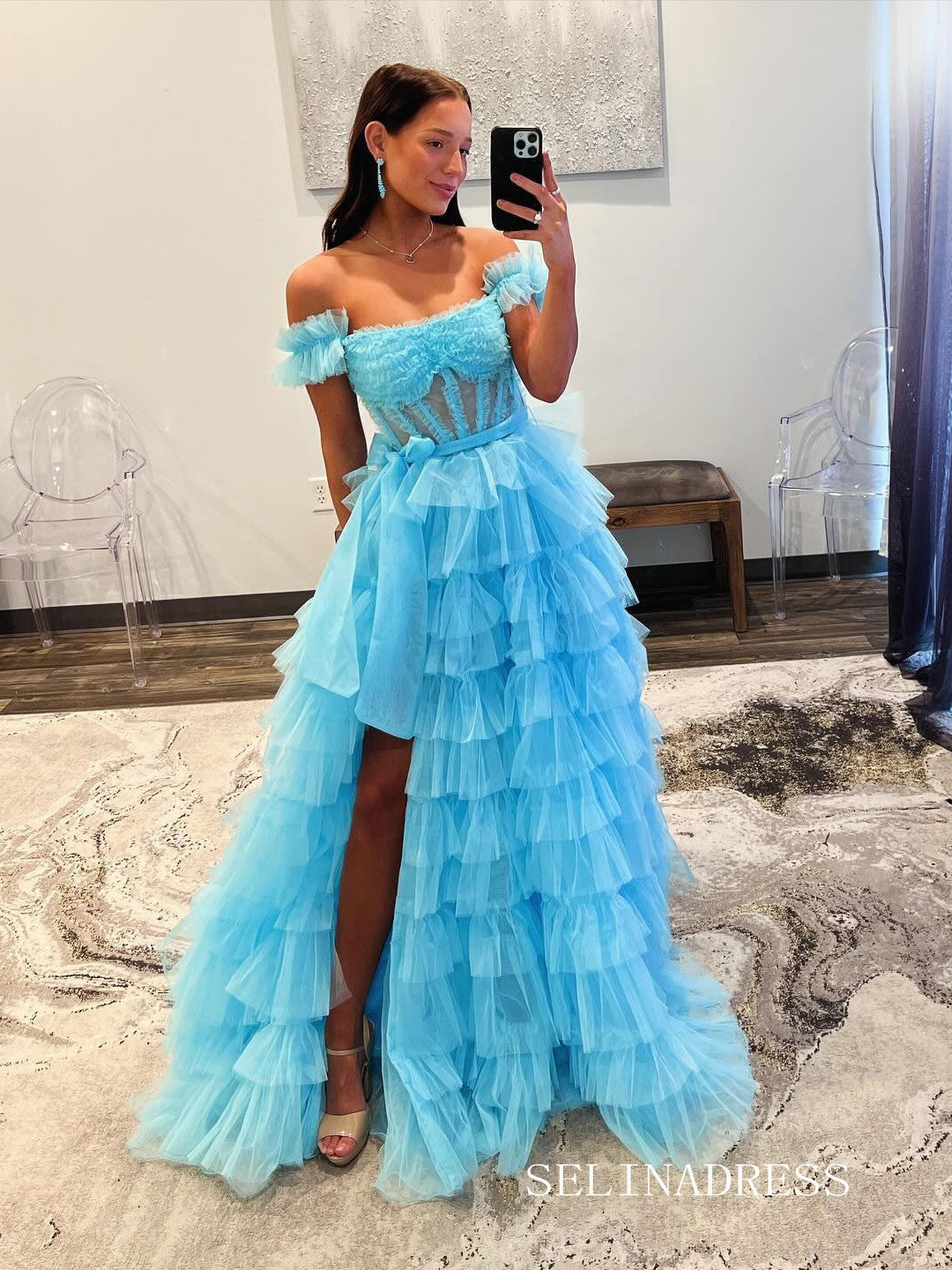 A-line Off-the-shoulder Ruffles Tulle Long Prom Dress Evening Dress lpk927|Selinadress