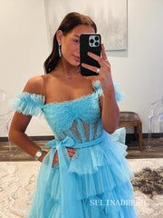 A-line Off-the-shoulder Ruffles Tulle Long Prom Dress Evening Dress lpk927|Selinadress