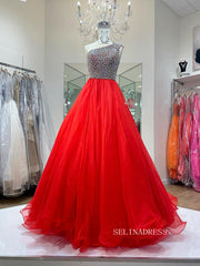 A-line One Shoulder Beaded Long Prom Dress Evening Dress SEW1127|Selinadress