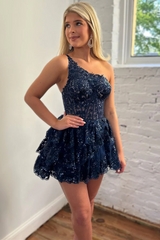 Navy Blue Sequins Tiered Short Homecoming Dress #TKD039|Selinadress