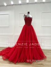 A-line One Shoulder Red Long Prom Dresses Beaded Evening Dresses SEA288|Selinadress