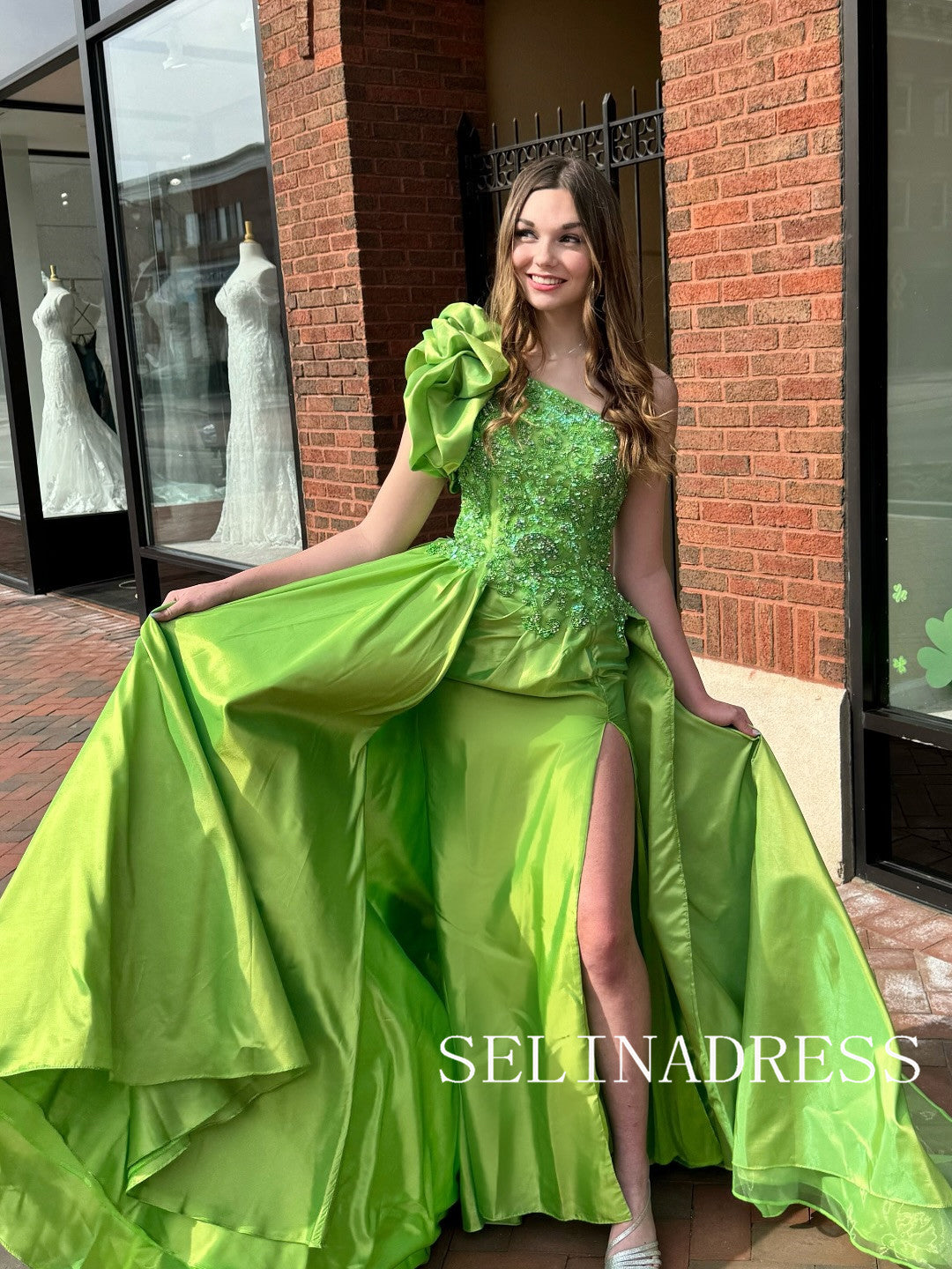 A-line One Shoulder Sage Long Prom Dress With Skirt Evening Dress ABB009|Selinadress