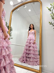 A-line Pink Floral Spaghetti Straps Long Prom Dresses Multi-layered Evening Dresses SEA300|Selinadress