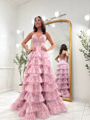 A-line Pink Floral Spaghetti Straps Long Prom Dresses Multi-layered Evening Dresses SEA300|Selinadress