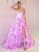 A-line Pink Print Sweetheart Long Prom Dress Beaded Evening Dress ABB016|Selinadress