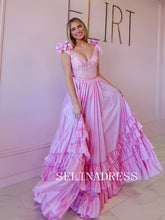 A-line Pink V neck Long Prom Dress With Ruffles Lace Evening Dress ABB006|Selinadress