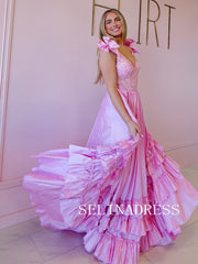 A-line Pink V neck Long Prom Dress With Ruffles Lace Evening Dress ABB006|Selinadress