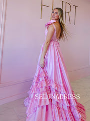 A-line Pink V neck Long Prom Dress With Ruffles Lace Evening Dress ABB006|Selinadress