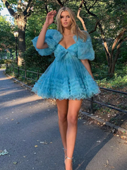 A-line Puff Sleeve Beautiful Short Prom Dress Tulle Homecoming Dress LOP248|Selinadress