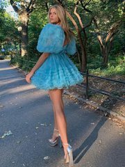 A-line Puff Sleeve Beautiful Short Prom Dress Tulle Homecoming Dress LOP248|Selinadress